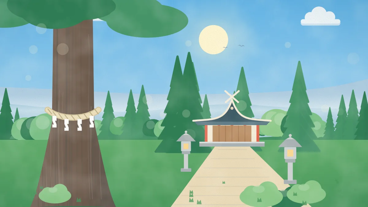 しめ縄の大木と小さな社殿のイメージイラスト