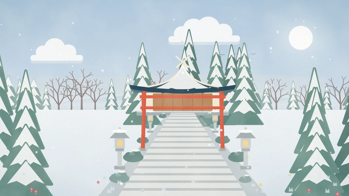 石段と鳥居と社殿が並ぶ神社のイメージイラスト