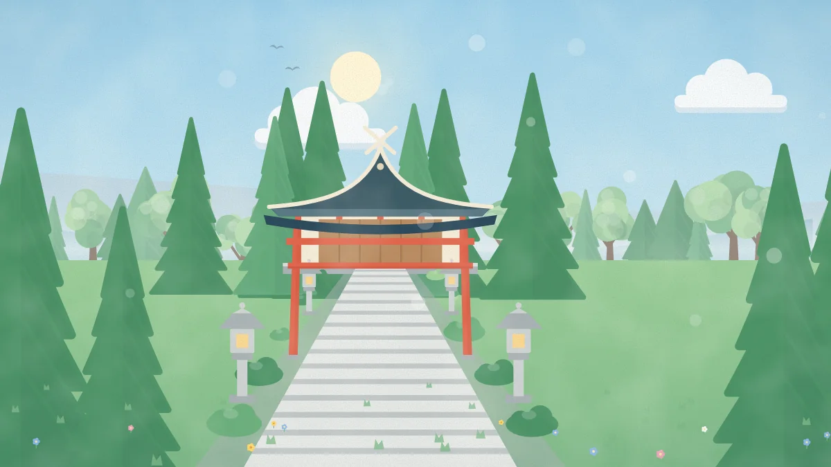 石段と鳥居と社殿が並ぶ神社のイメージイラスト