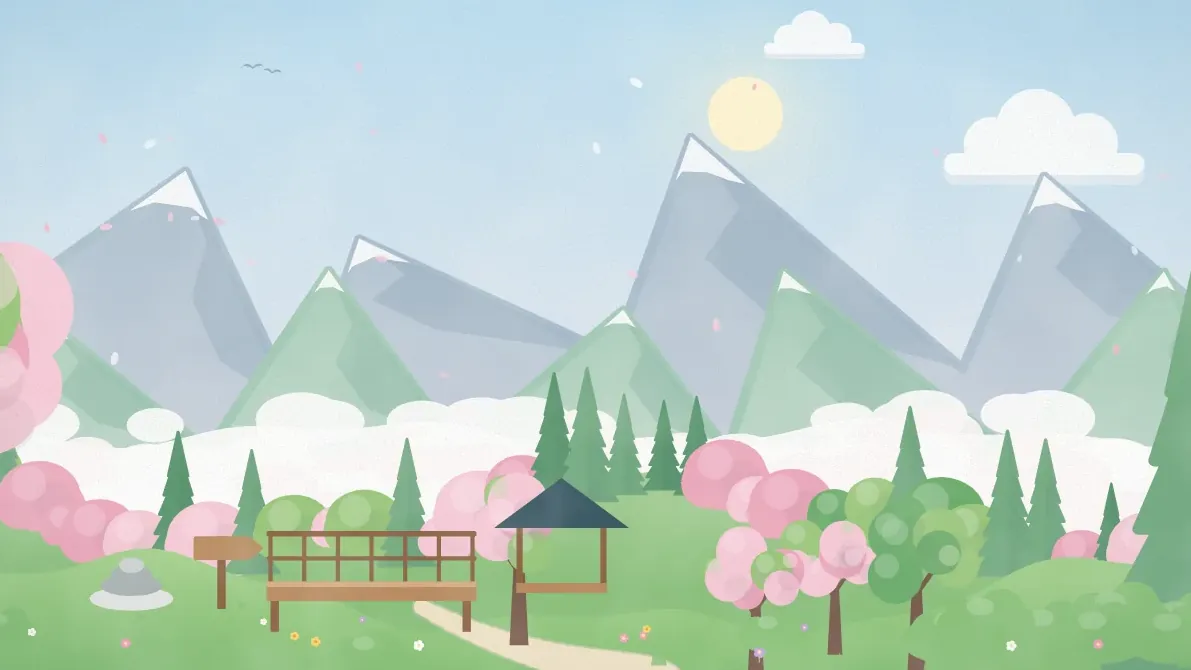 春の山並みと展望デッキのイメージイラスト