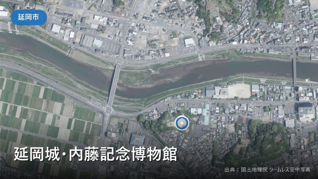 延岡城・内藤記念博物館（延岡市天神小路）付近の空中写真